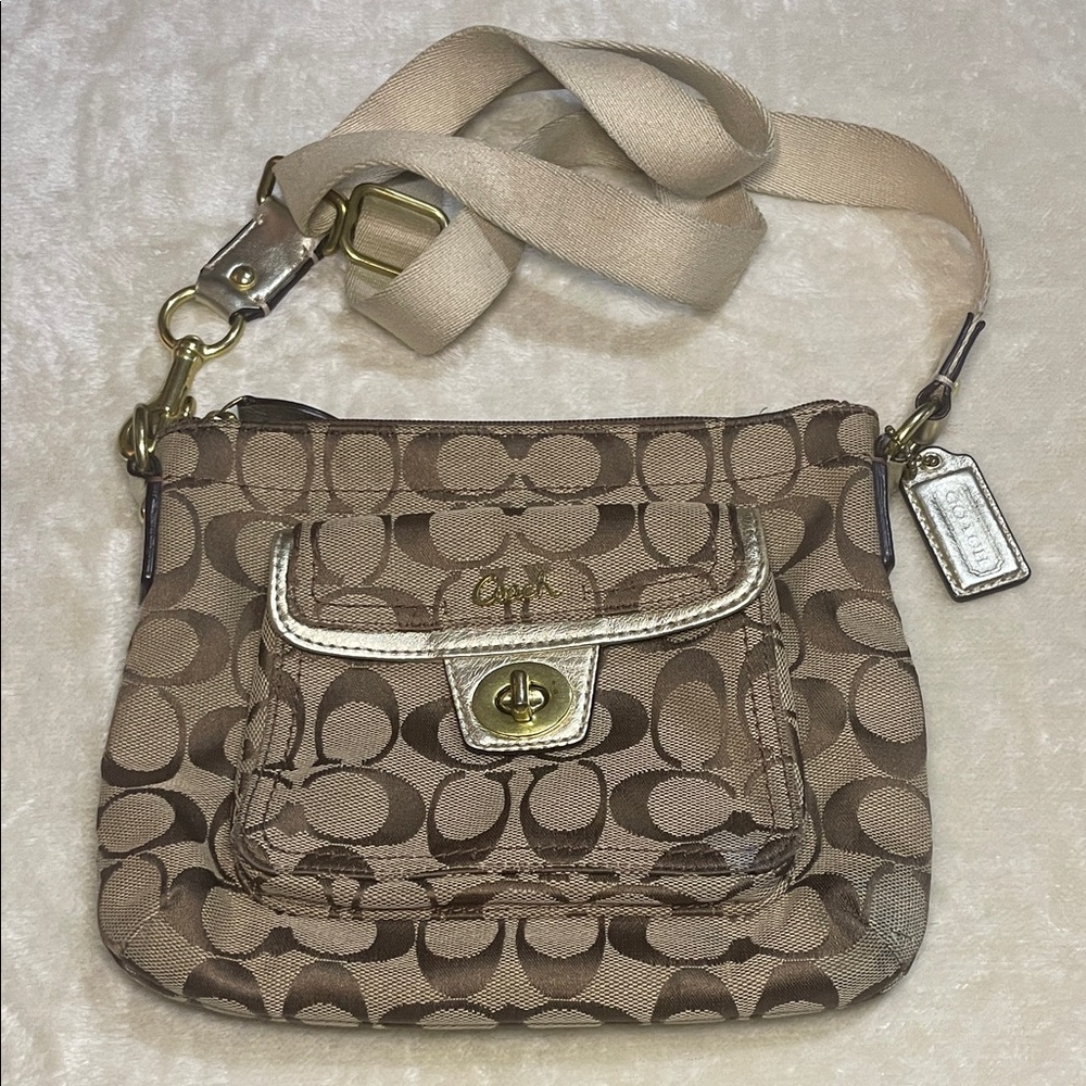 Vintage Y2K Coach Khaki Signature Canvas Crossbody with Metallic Trim